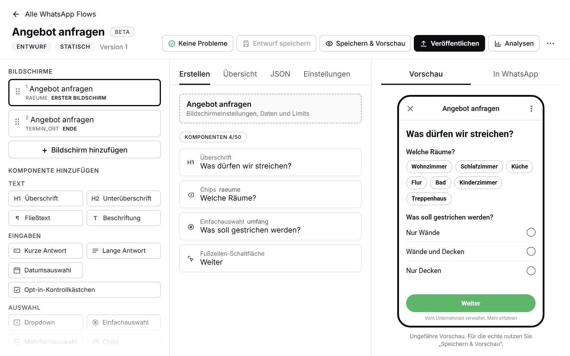 SendSeven WhatsApp-Flow-Editor mit Bildschirmliste, Komponenten und einer Vorschau des Flows Angebot anfragen