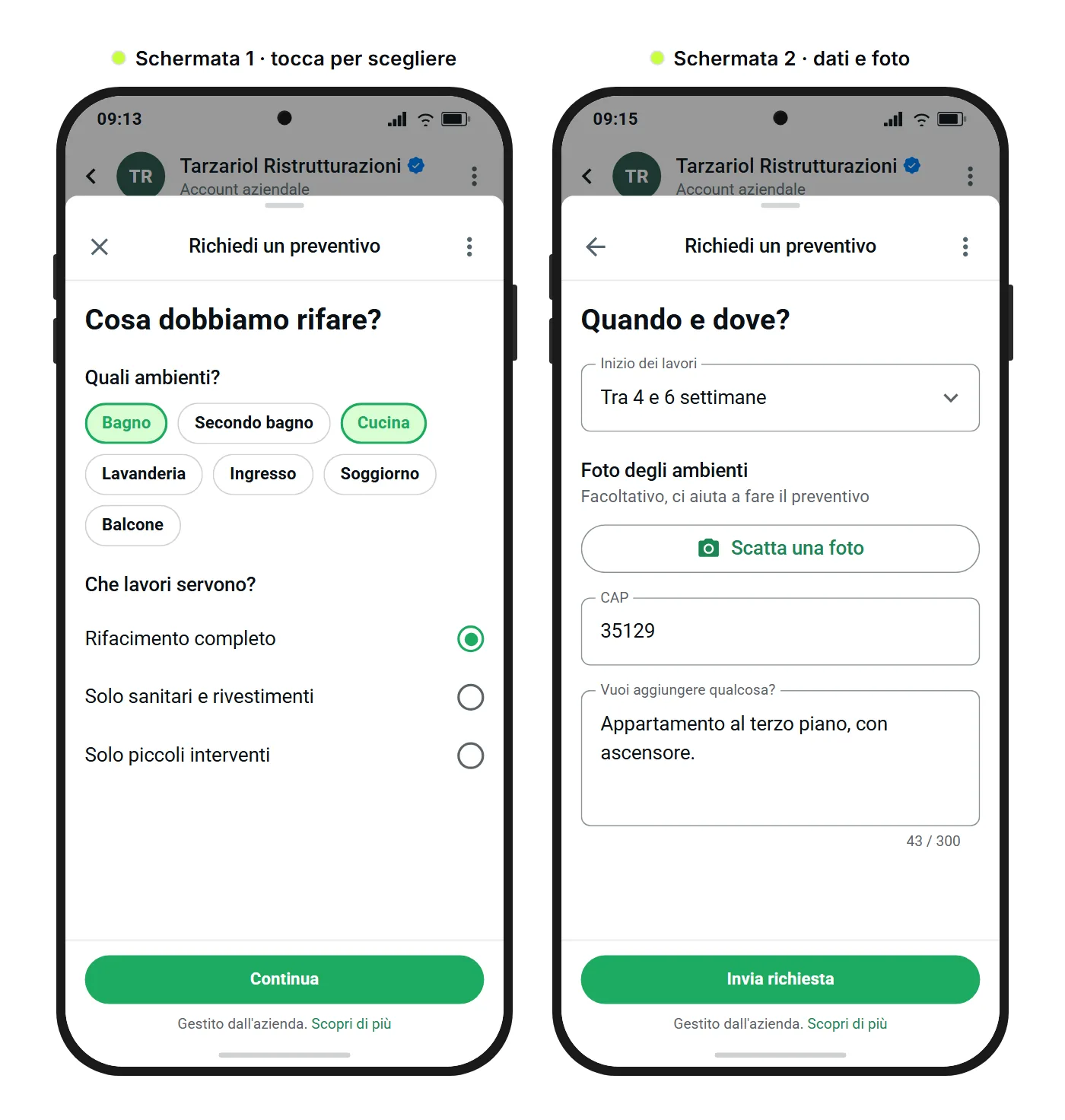Mockup di SendSeven: due schermate di un WhatsApp Flow per una richiesta di preventivo, con chip di selezione, caricamento foto, CAP e un campo di testo