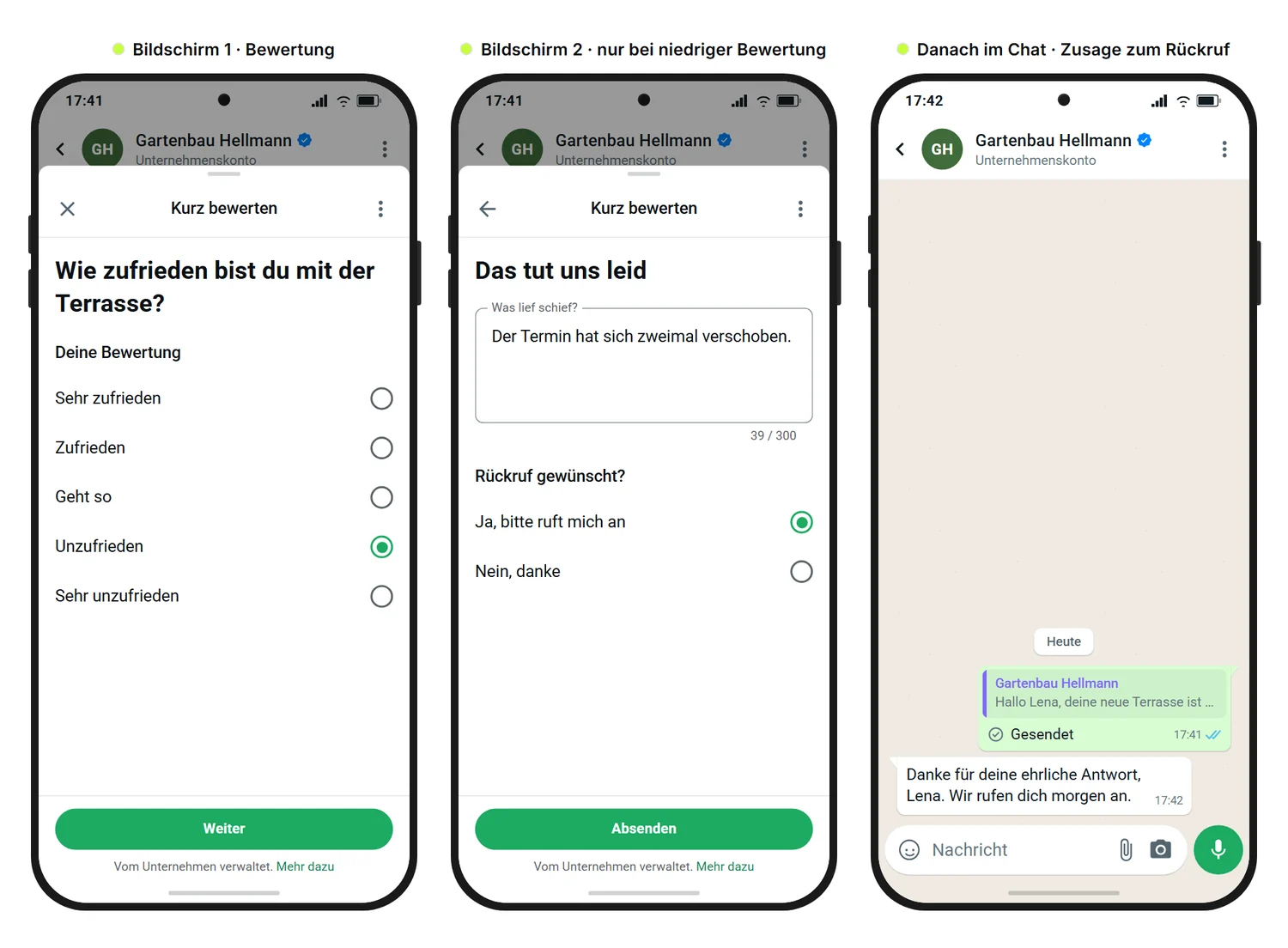 Beispielgrafik von SendSeven: drei Bildschirme einer WhatsApp-Kundenumfrage mit Bewertung als Einfachauswahl, Zusatzbildschirm mit Grund und Rückrufwunsch bei niedriger Bewertung und Zusage des Rückrufs im Chat
