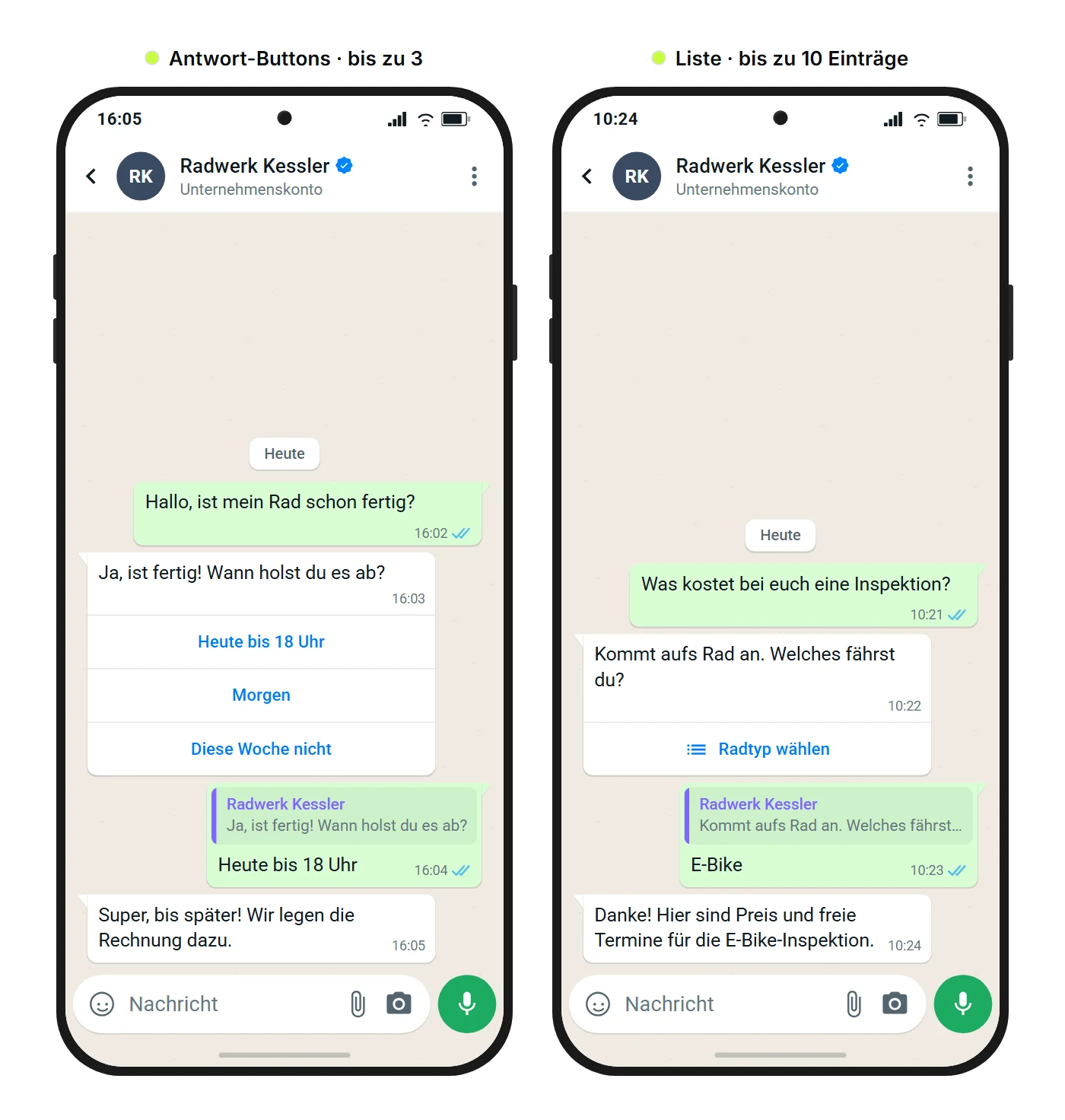 SendSeven Mockup: WhatsApp-Chats eines Fahrradladens, links drei Antwort-Buttons für die Abholzeit, rechts eine Liste zur Wahl des Radtyps