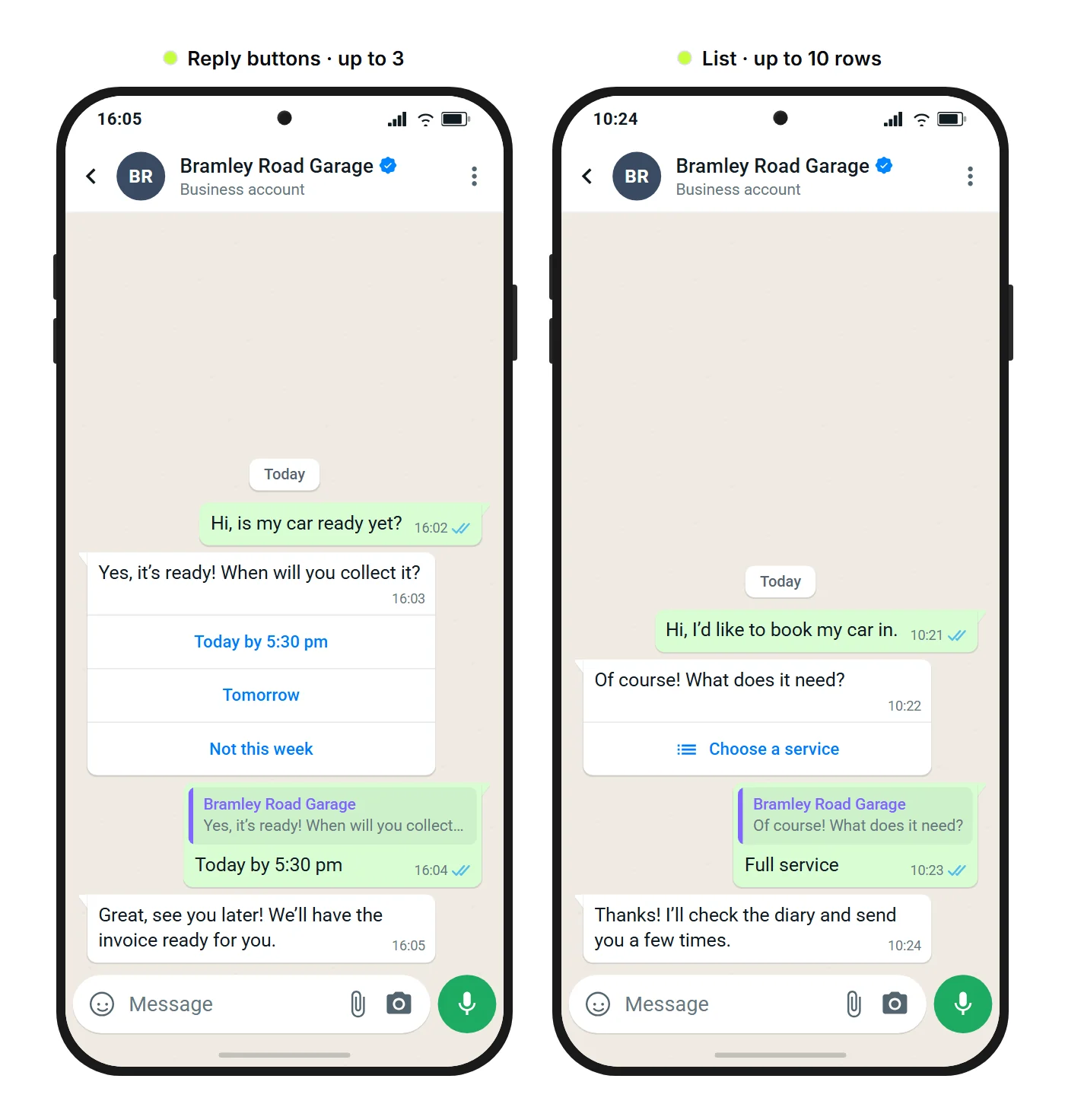SendSeven mockup: two WhatsApp chats with a car repair garage, three reply buttons for choosing a collection time on the left and a list for choosing a service on the right
