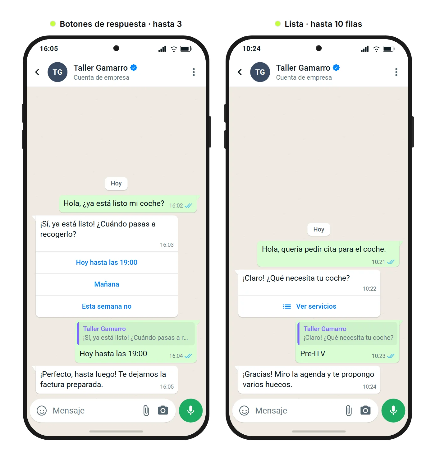 Maqueta de SendSeven: dos chats de WhatsApp con un taller mecánico, a la izquierda tres botones de respuesta para elegir la hora de recogida y a la derecha una lista para elegir un servicio
