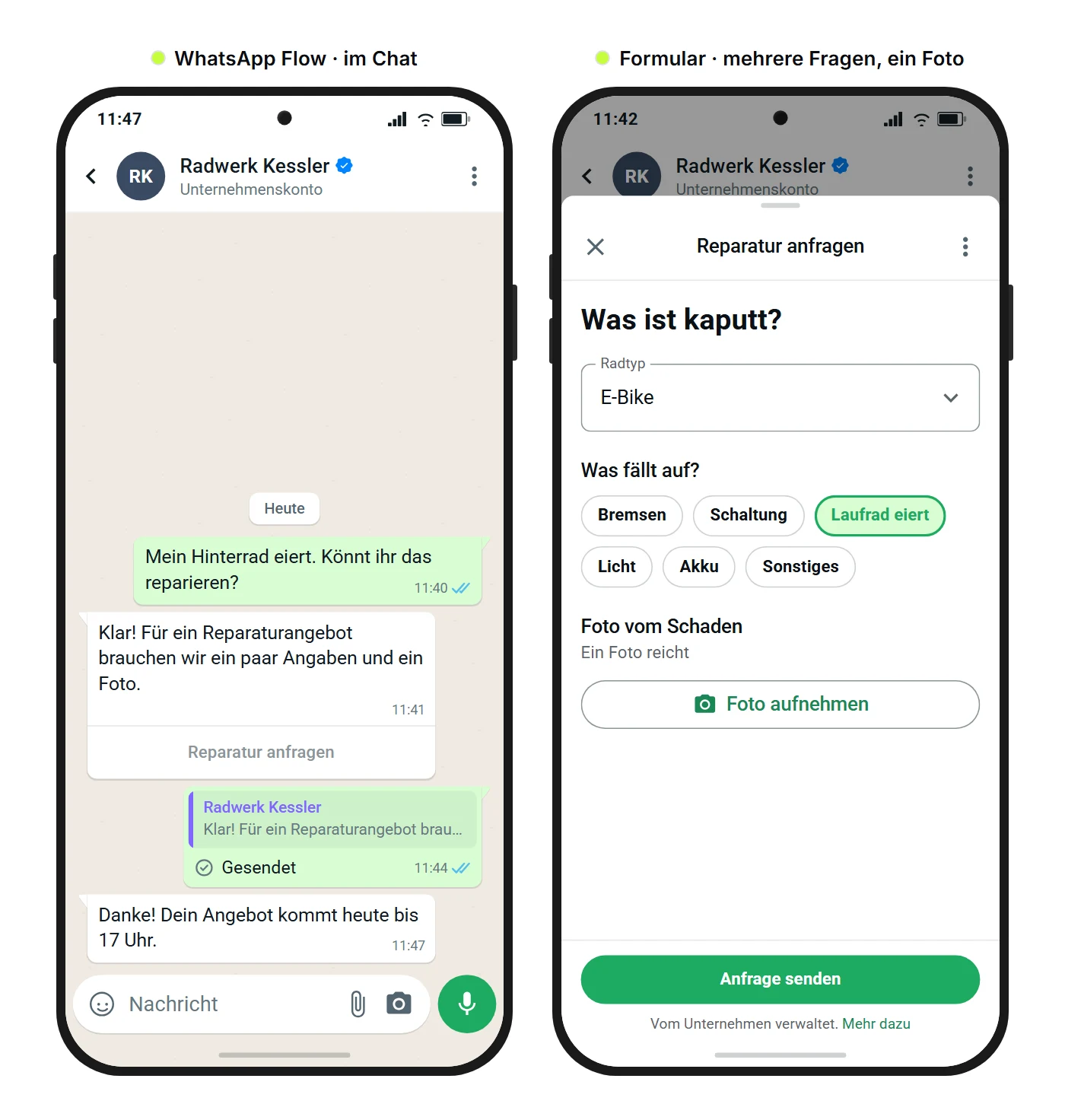 SendSeven Mockup: WhatsApp-Chat mit dem Flow-Button Reparatur anfragen und der geöffnete WhatsApp Flow mit Radtyp, Problem und Foto-Upload