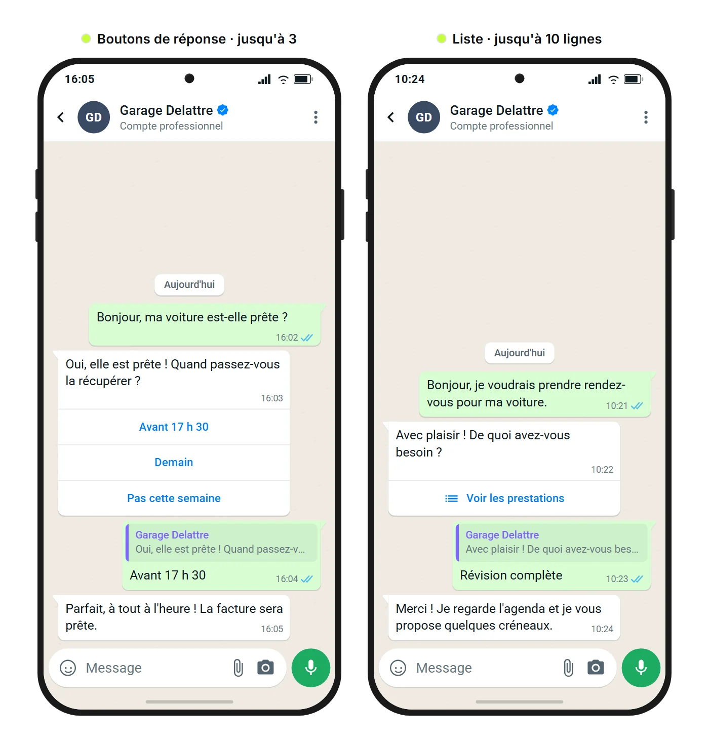 Maquette SendSeven : deux conversations WhatsApp avec un garage automobile, trois boutons de réponse pour choisir un horaire de retrait à gauche et une liste pour choisir une prestation à droite
