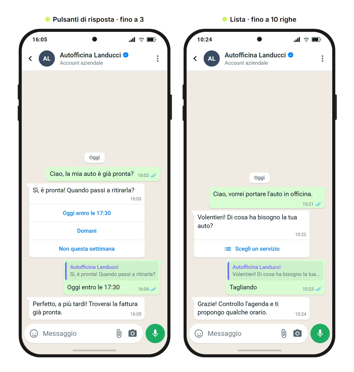 Mockup di SendSeven: due chat WhatsApp con un'autofficina, a sinistra tre pulsanti di risposta per scegliere l'orario di ritiro, a destra una lista per scegliere un servizio