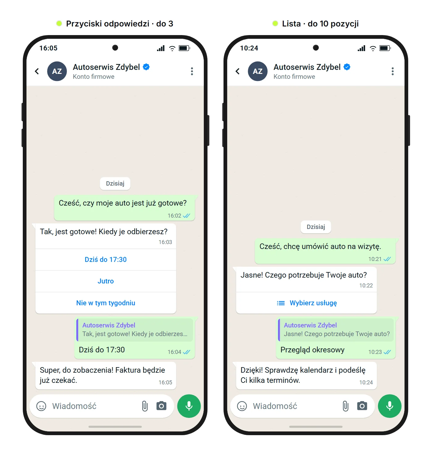 Makieta SendSeven: dwa czaty WhatsApp z autoserwisem, po lewej trzy przyciski odpowiedzi do wyboru terminu odbioru auta, po prawej lista do wyboru usługi