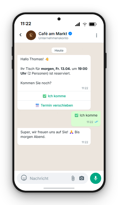 WhatsApp-Erinnerung 24 Stunden vor Tischreservierung mit Bestätigungs-Button