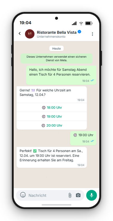 WhatsApp-Chatbot nimmt Tischreservierung automatisch an – Beispiel Ristorante