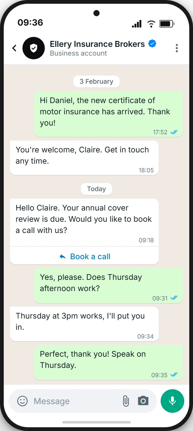 Client view in WhatsApp (SendSeven mockup): chat with Ellery Insurance Brokers, marked as a business account, with the annual review template and its button 'Book a call', the client's reply 'Yes, please. Does Thursday afternoon work?' and the confirmation 'Thursday at 3pm works, I'll put you in.'