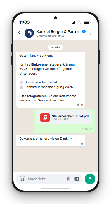 WhatsApp-Dokumentenanforderung: Mandant sendet Steuerbescheid per Foto