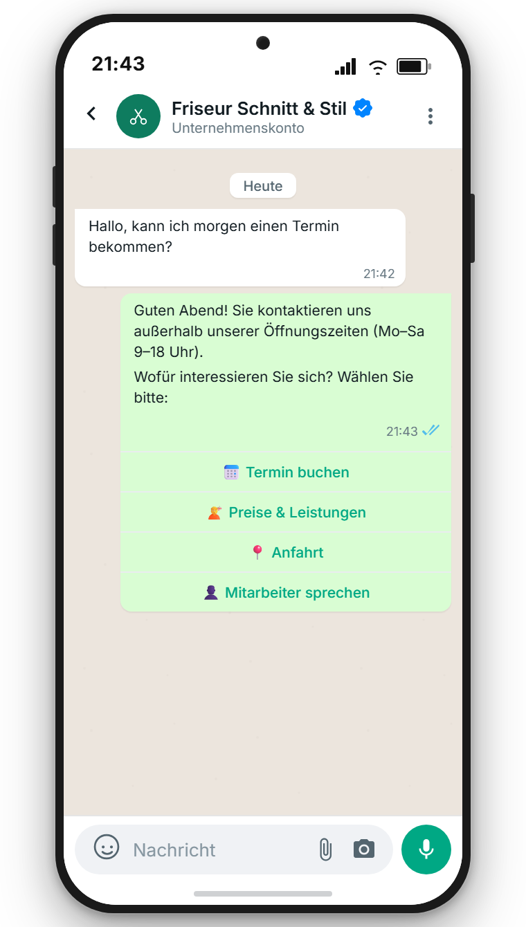Automatisches WhatsApp-Bot-Menü außerhalb der Öffnungszeiten mit Quick-Reply-Buttons für Termin und Preise