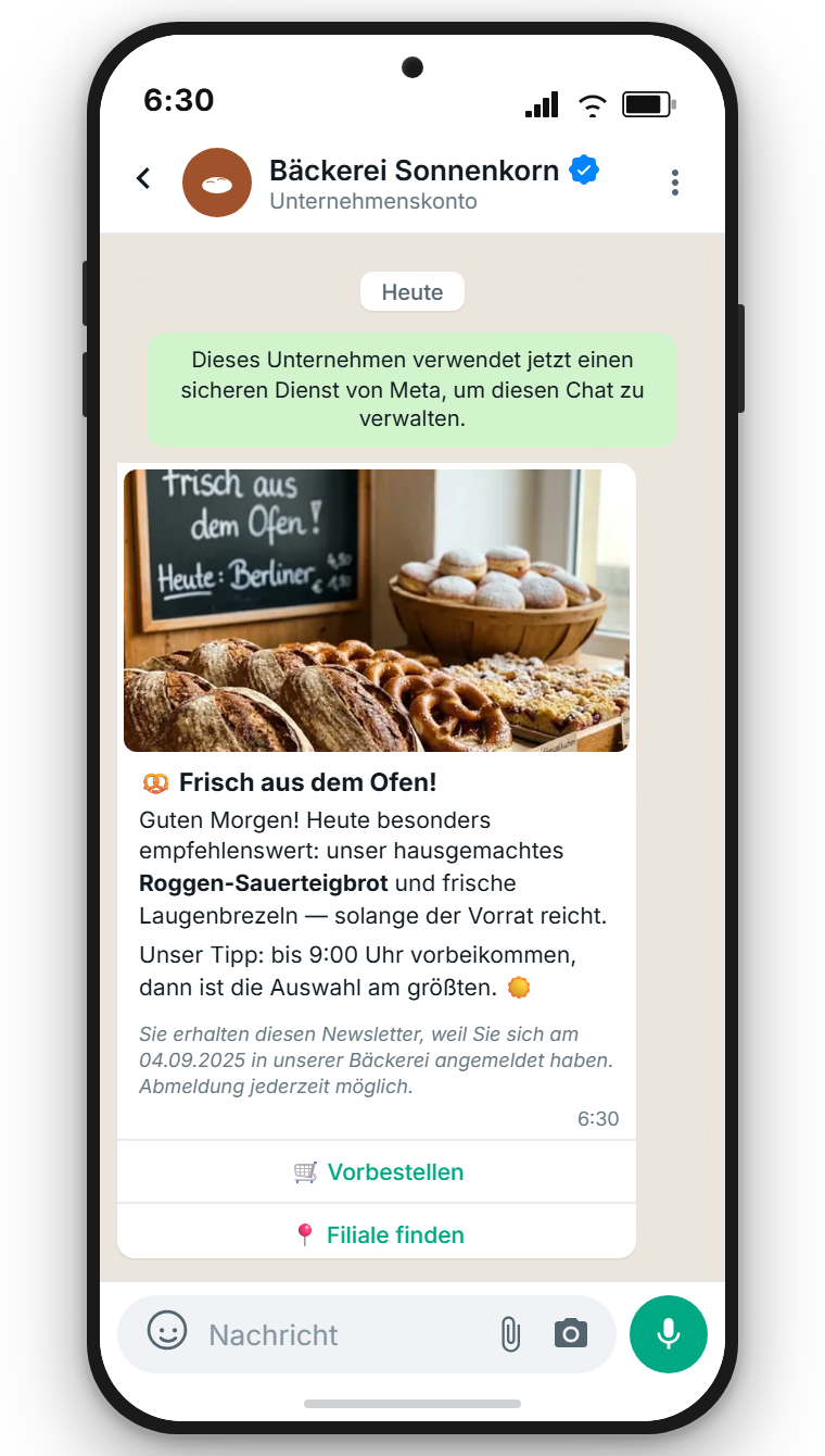WhatsApp Marketing-Newsletter einer Bäckerei mit Foto der Tagesangebote und Bestell-Button