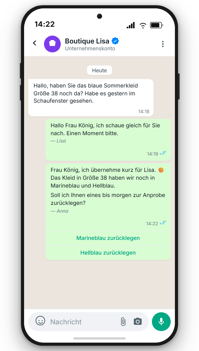 WhatsApp-Übergabe zwischen zwei Mitarbeiterinnen Lisa und Anna im Modegeschäft