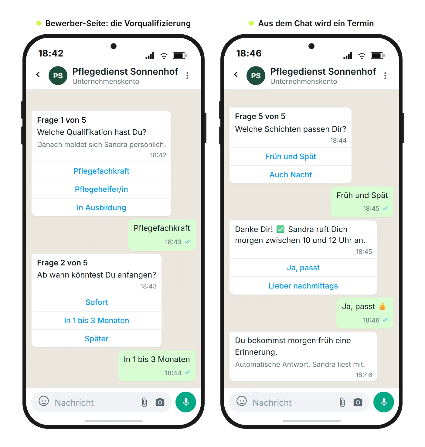 WhatsApp-Chat einer Bewerbung in der Pflege mit automatisierter Vorqualifizierung und Schnellantwort-Buttons zu Qualifikation, Verf&uuml;gbarkeit und Schichtbereitschaft