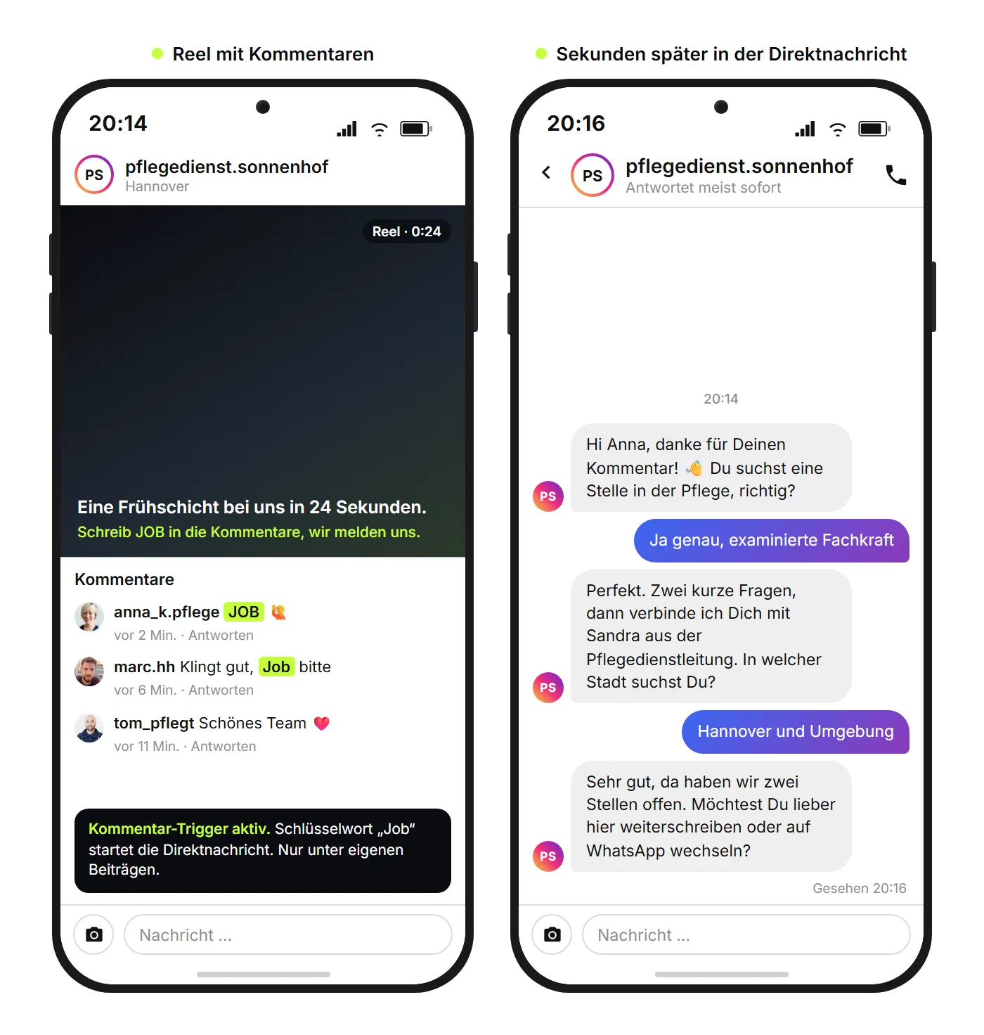 Instagram-Reel eines Pflegedienstes mit Kommentaren und der daraus automatisch gestarteten Direktnachricht zur Bewerbung