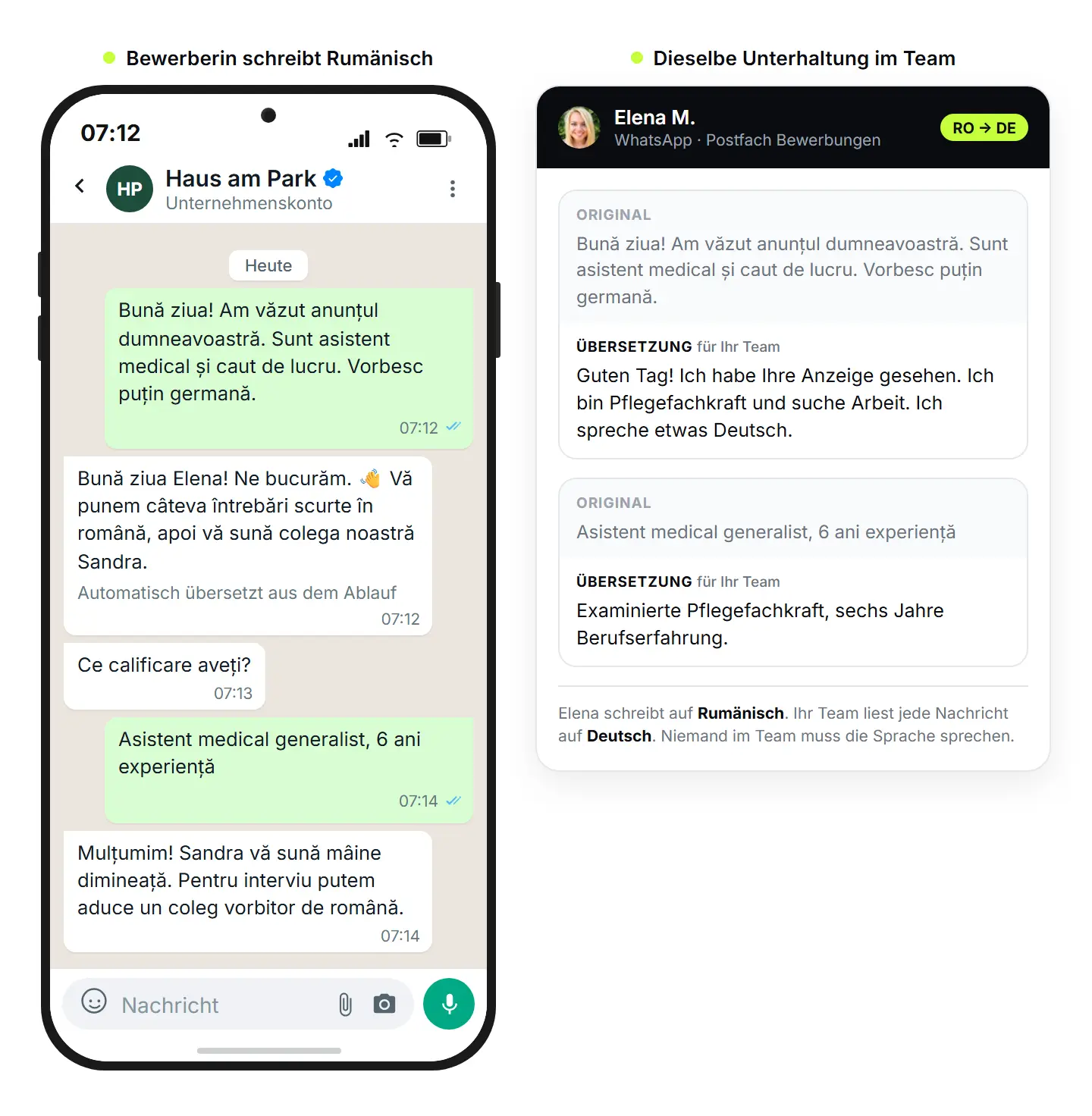 Mehrsprachige Bewerberkommunikation: WhatsApp-Chat auf Rum&auml;nisch und daneben die deutsche &Uuml;bersetzung in der Team-Ansicht