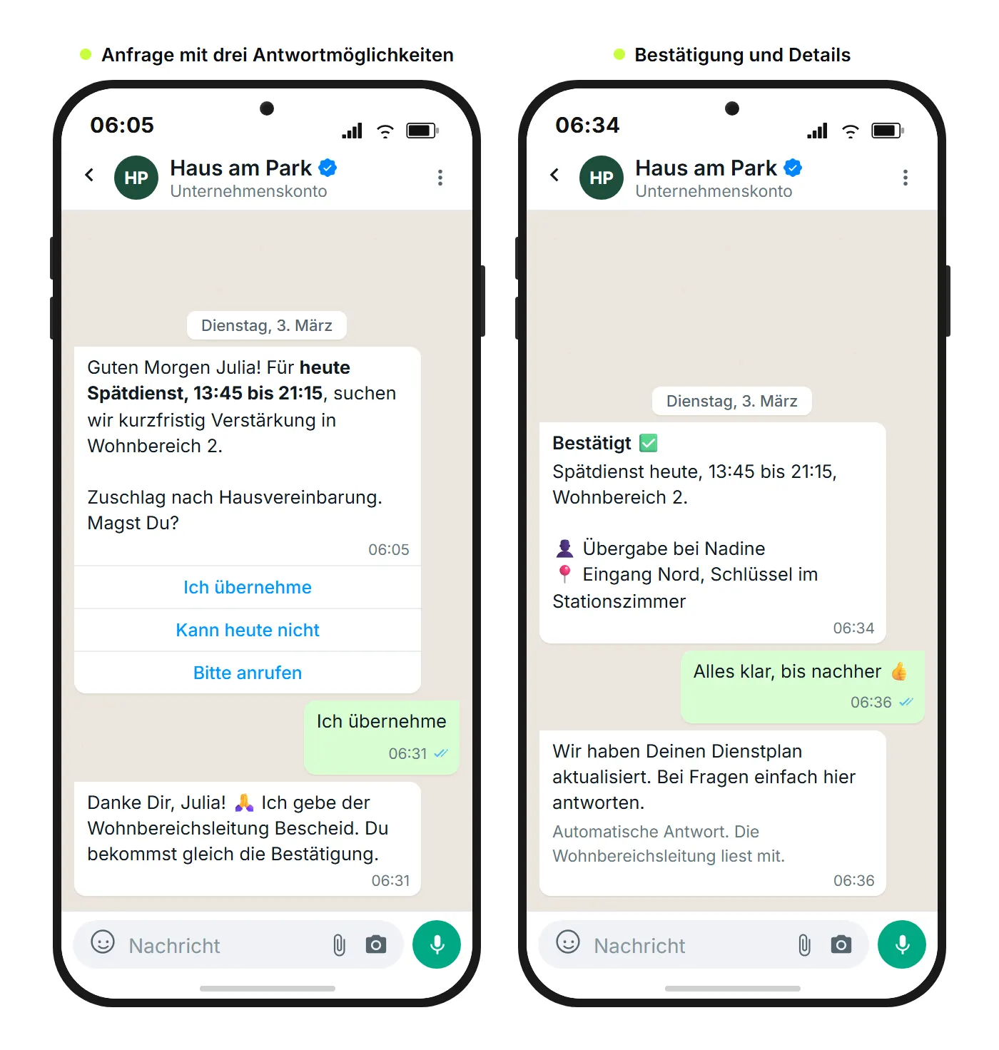WhatsApp-Schichtangebot einer Pflegeeinrichtung mit drei Schnellantwort-Buttons und anschlie&szlig;ender Best&auml;tigung mit &Uuml;bergabedetails