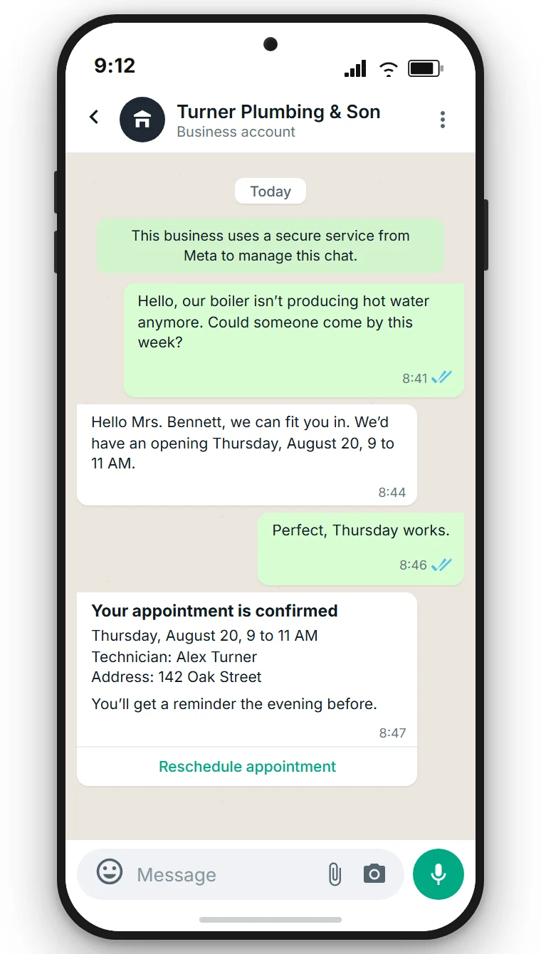 WhatsApp chat for a fictional plumbing business showing the Business account label under the company name, a customer question about a boiler, and an appointment confirmation with a Reschedule appointment button. Illustrative example, created with SendSeven