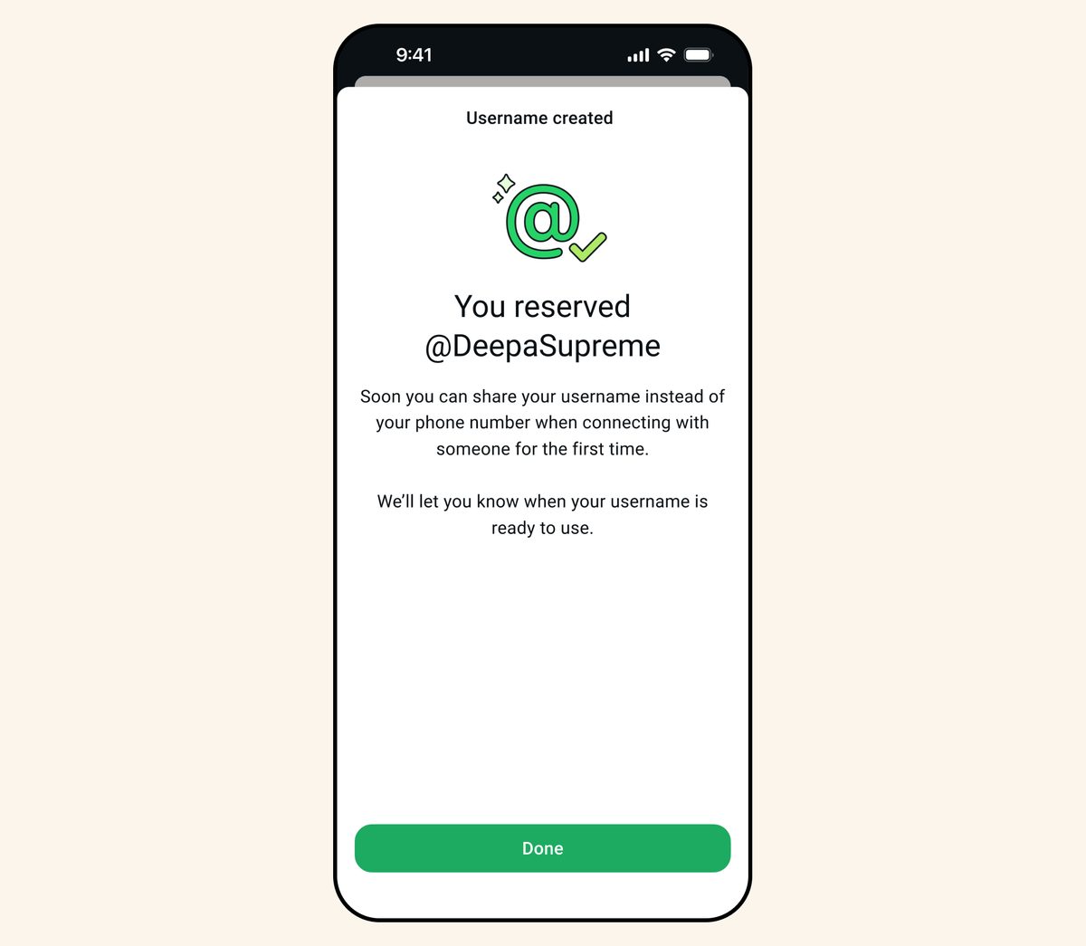 WhatsApp Username created: conferma You reserved @DeepaSupreme con pulsante Done