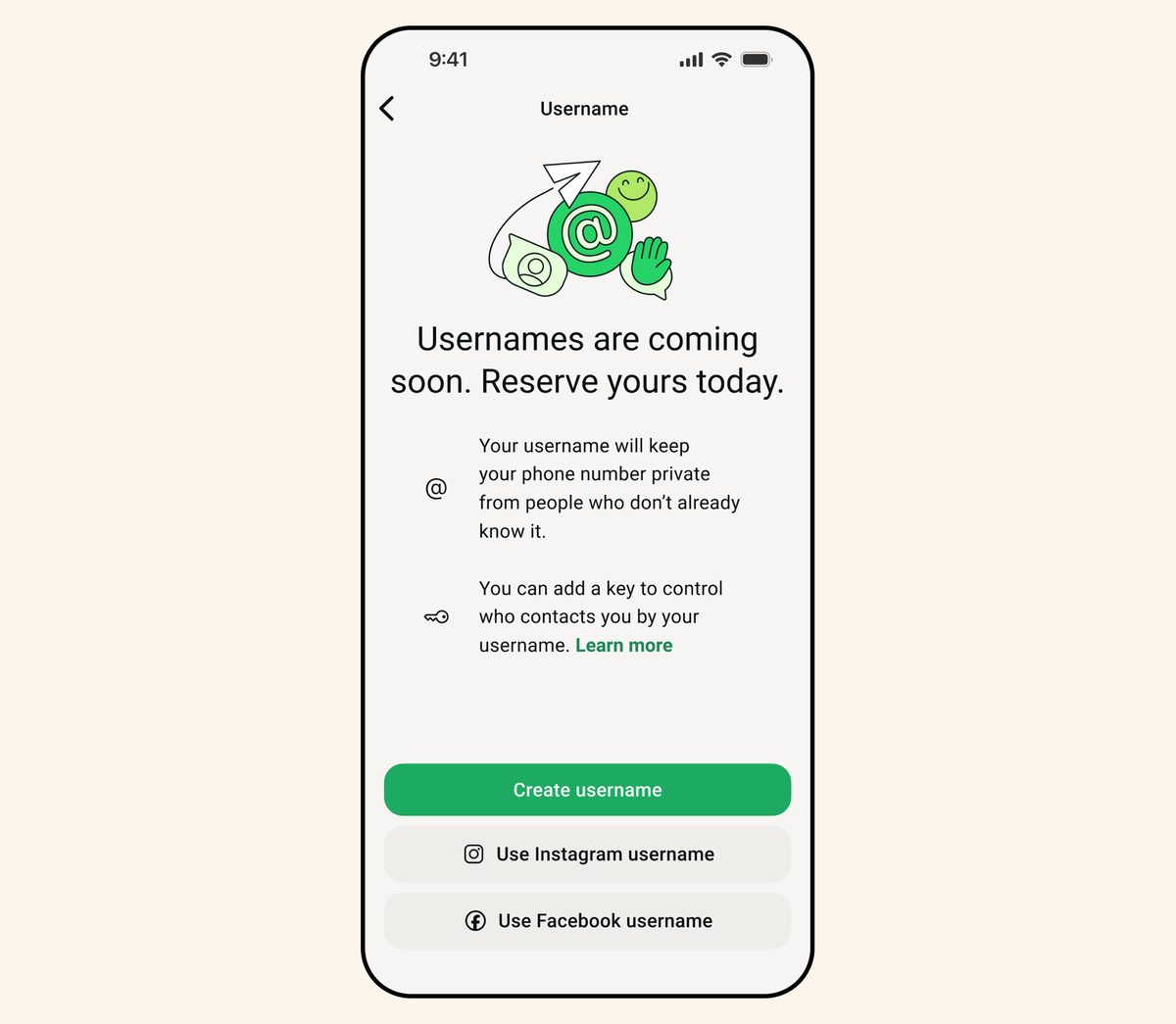 Schermata username di WhatsApp: Usernames are coming soon, Reserve yours today, con le opzioni Create username, Use Instagram username e Use Facebook username