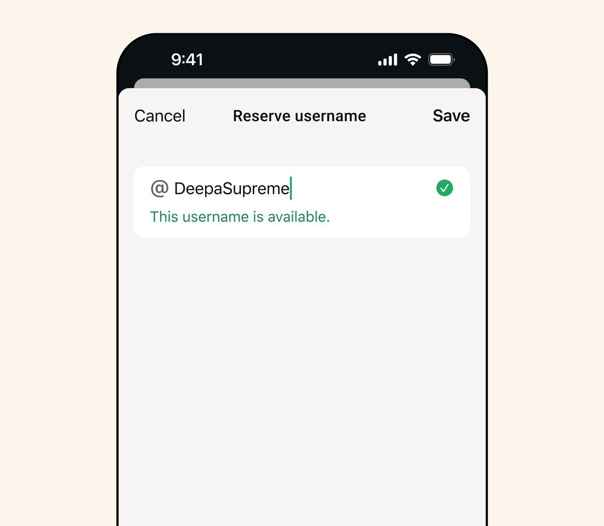 WhatsApp Reserve username: campo di inserimento con @DeepaSupreme, spunta verde e la nota This username is available