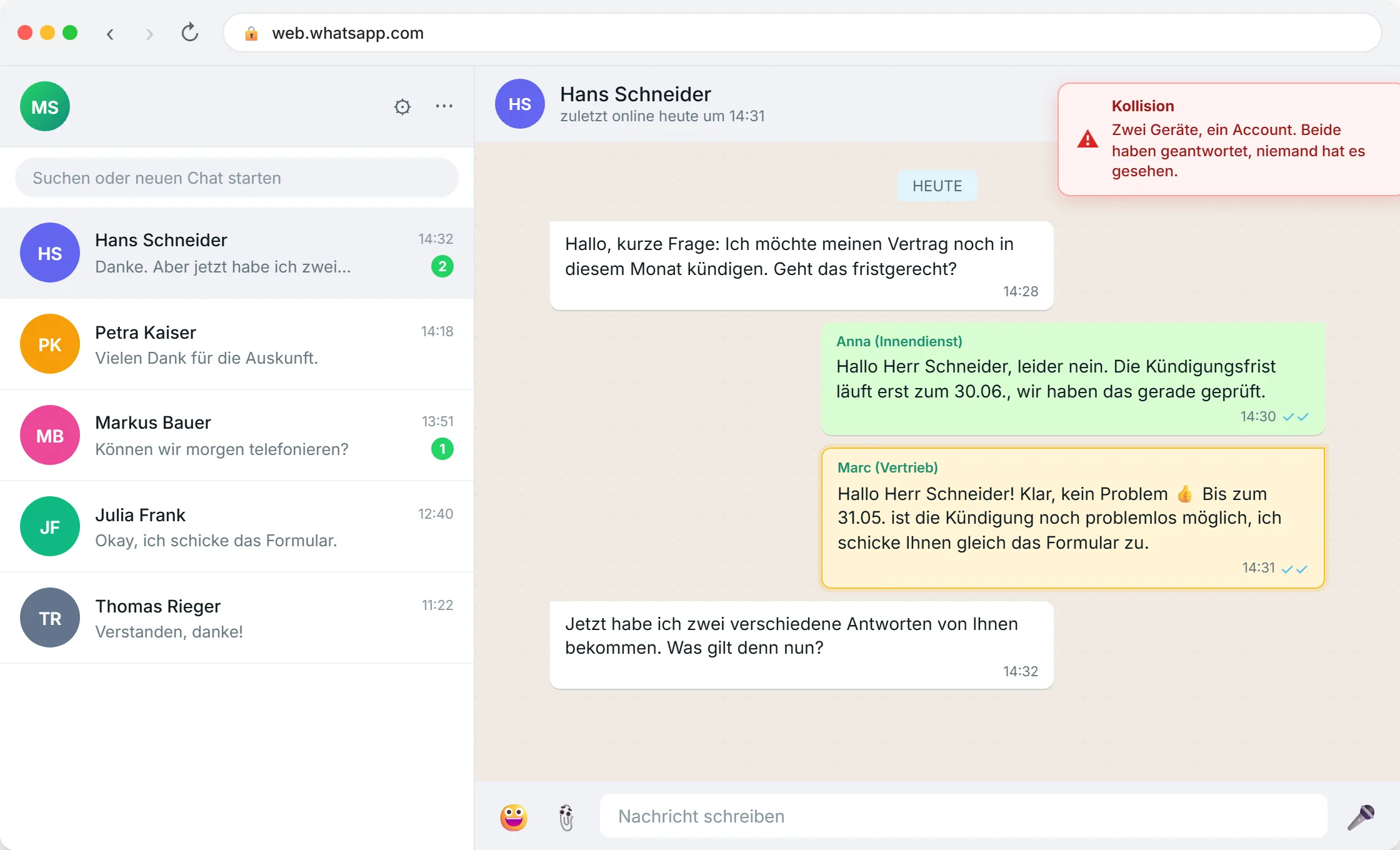 WhatsApp Web mit Kollisions-Hinweis: Drei Mitarbeiter am gleichen Account, eine Nachricht wird doppelt beantwortet. SendSeven Mockup