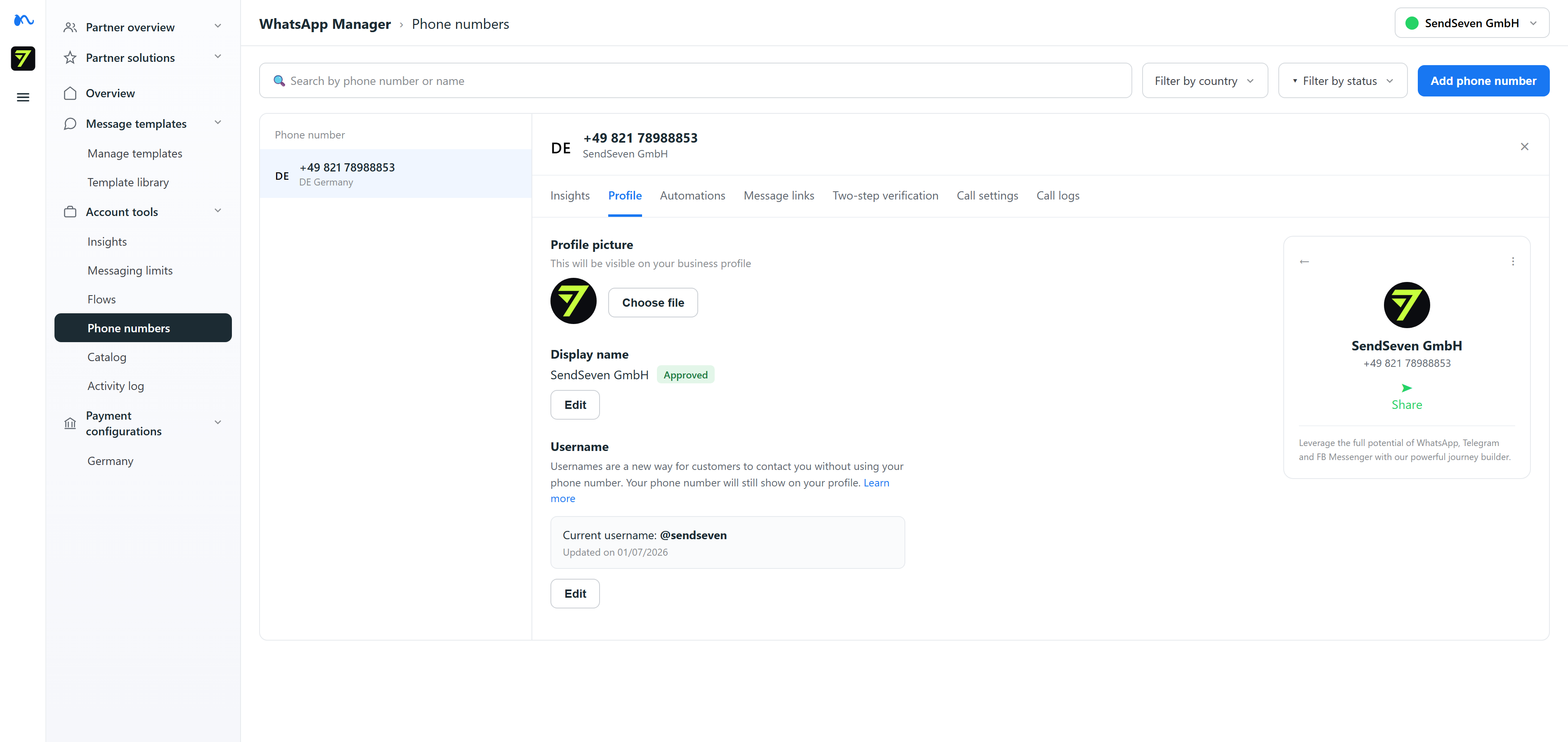 WhatsApp Manager Profil-Tab mit aktivem Username Current username