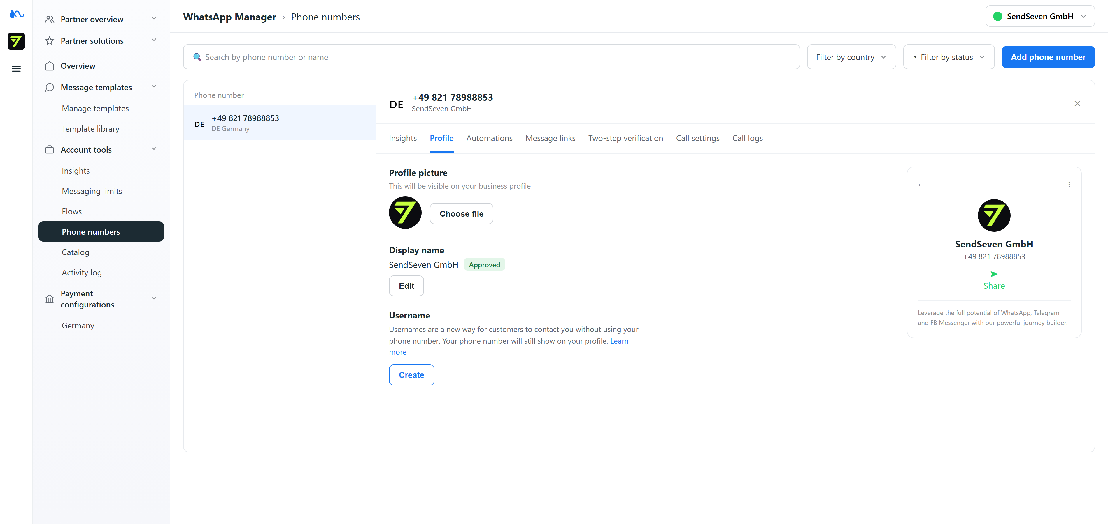 WhatsApp Manager Profil-Tab mit dem Create-Button im Username-Bereich