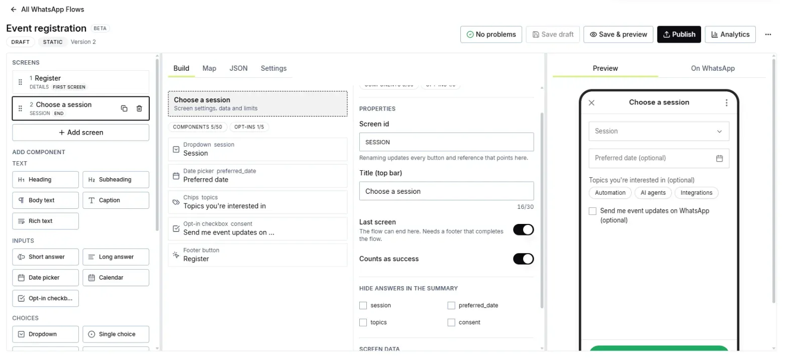 Captura del editor de WhatsApp Flow de SendSeven (interfaz en inglés): un flow de inscripción a un evento, con la lista de pantallas, los componentes de la pantalla 2, los ajustes de la pantalla y una vista previa en el móvil