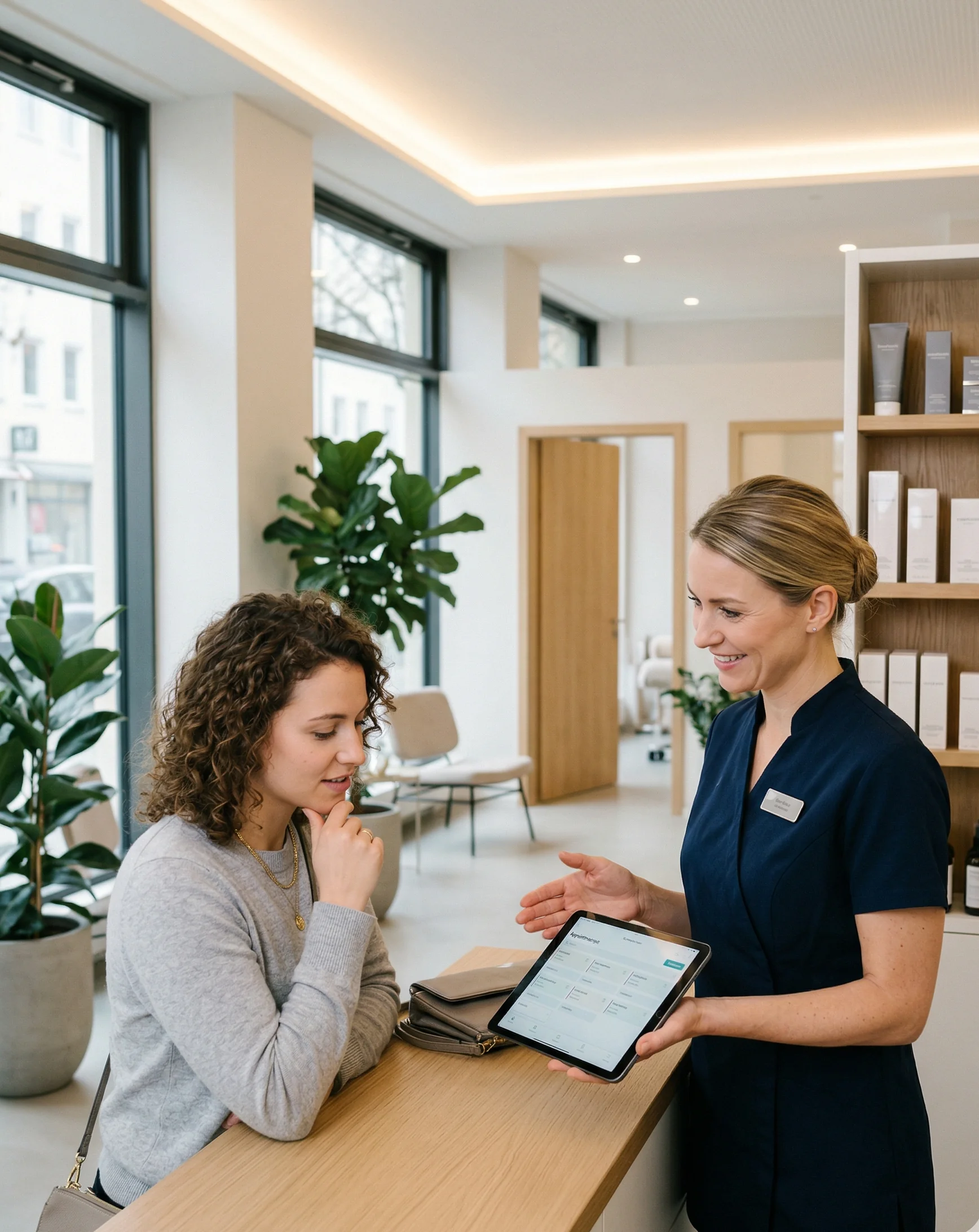 Kosmetikerin berät Kundin am Empfang — SendSeven Messaging für Beauty & Kosmetik
