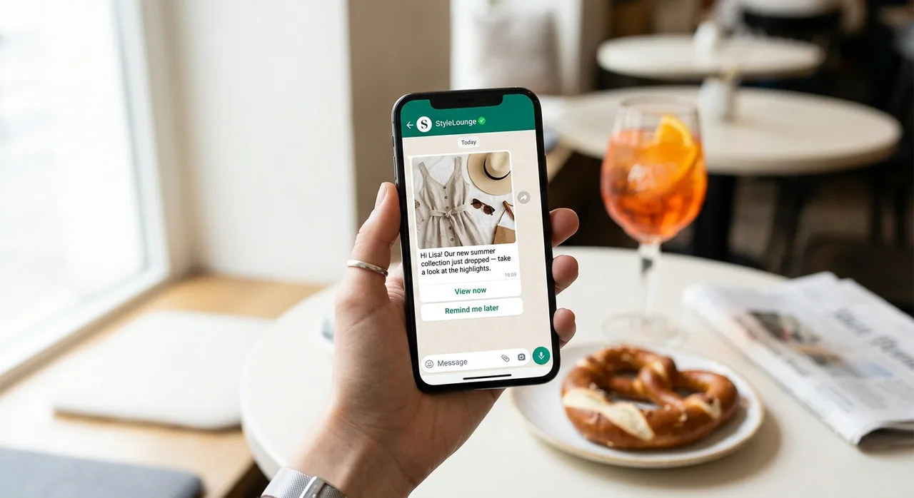 Bir kafede WhatsApp opt-in onayı gösteren akıllı telefon