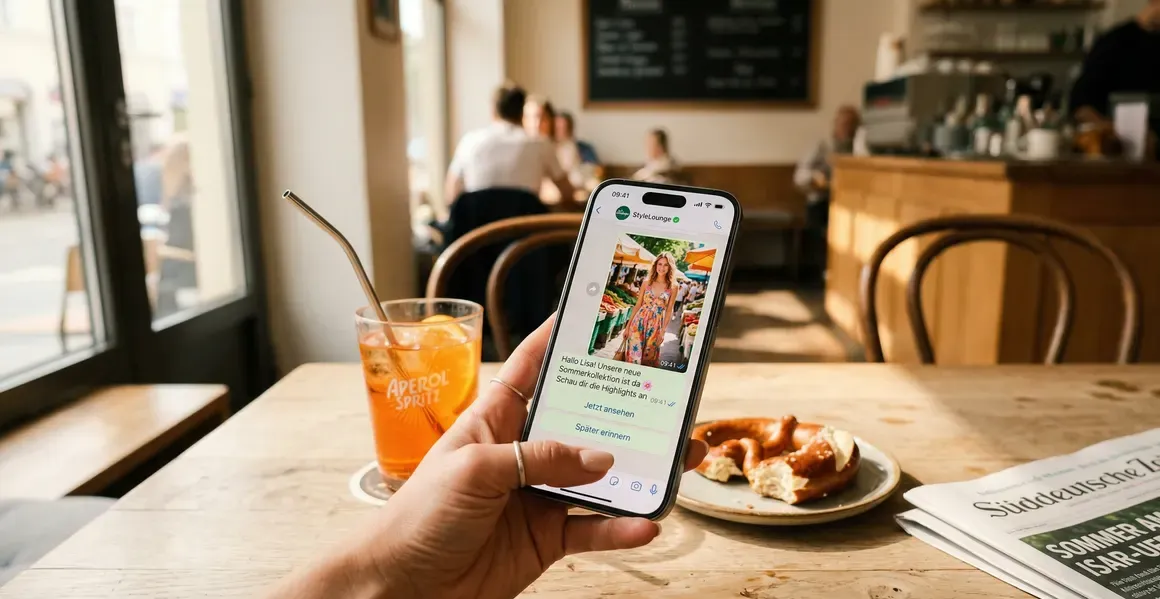 Smartphone mit WhatsApp Opt-in Bestätigung in einem Café